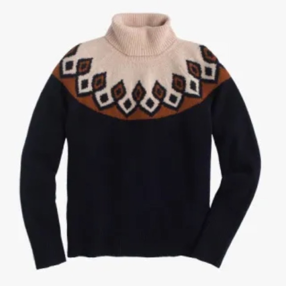 J Crew merino wool fair isle navy blue sweater turtleneck
